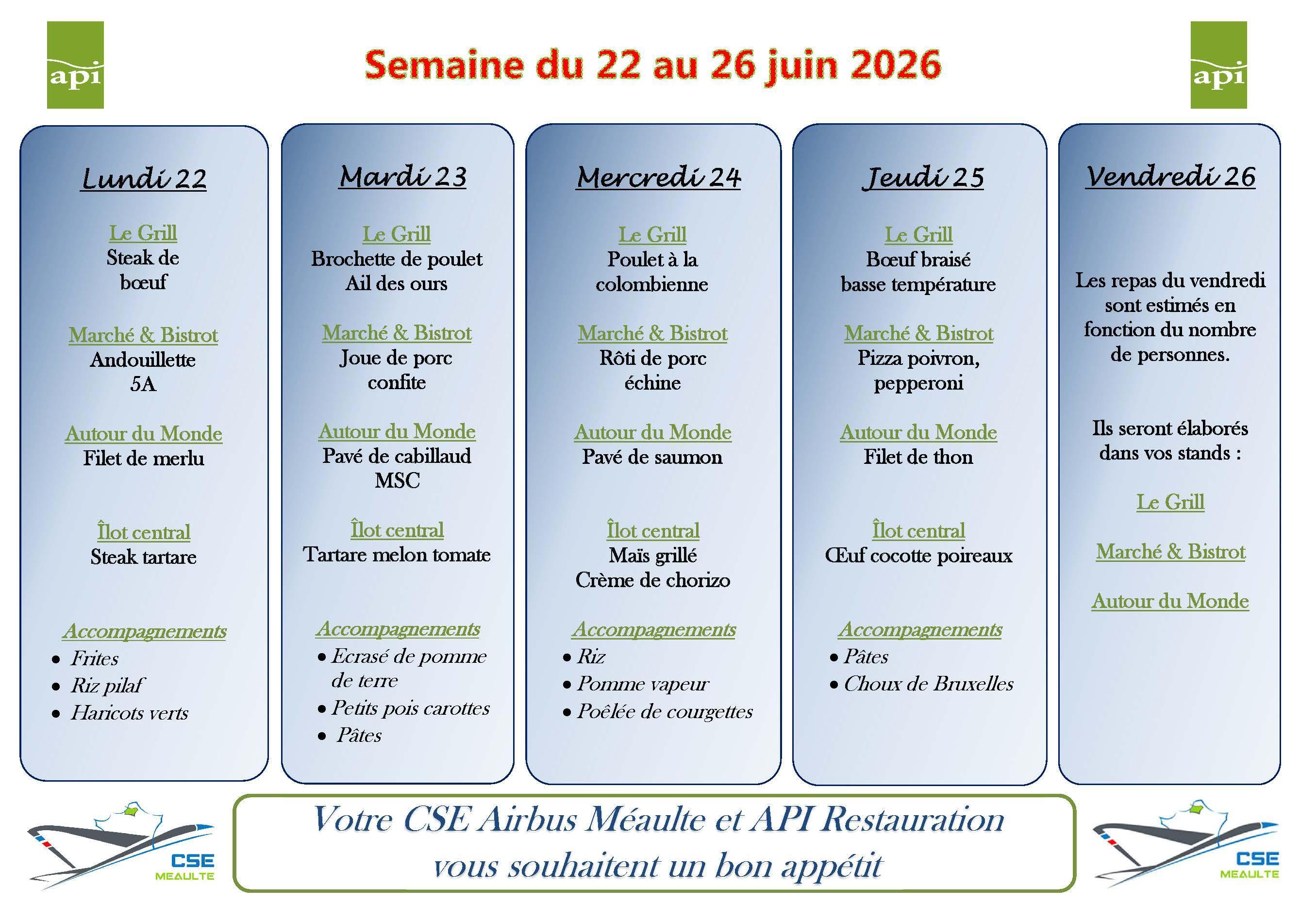 MENU du 22 au 26 juin