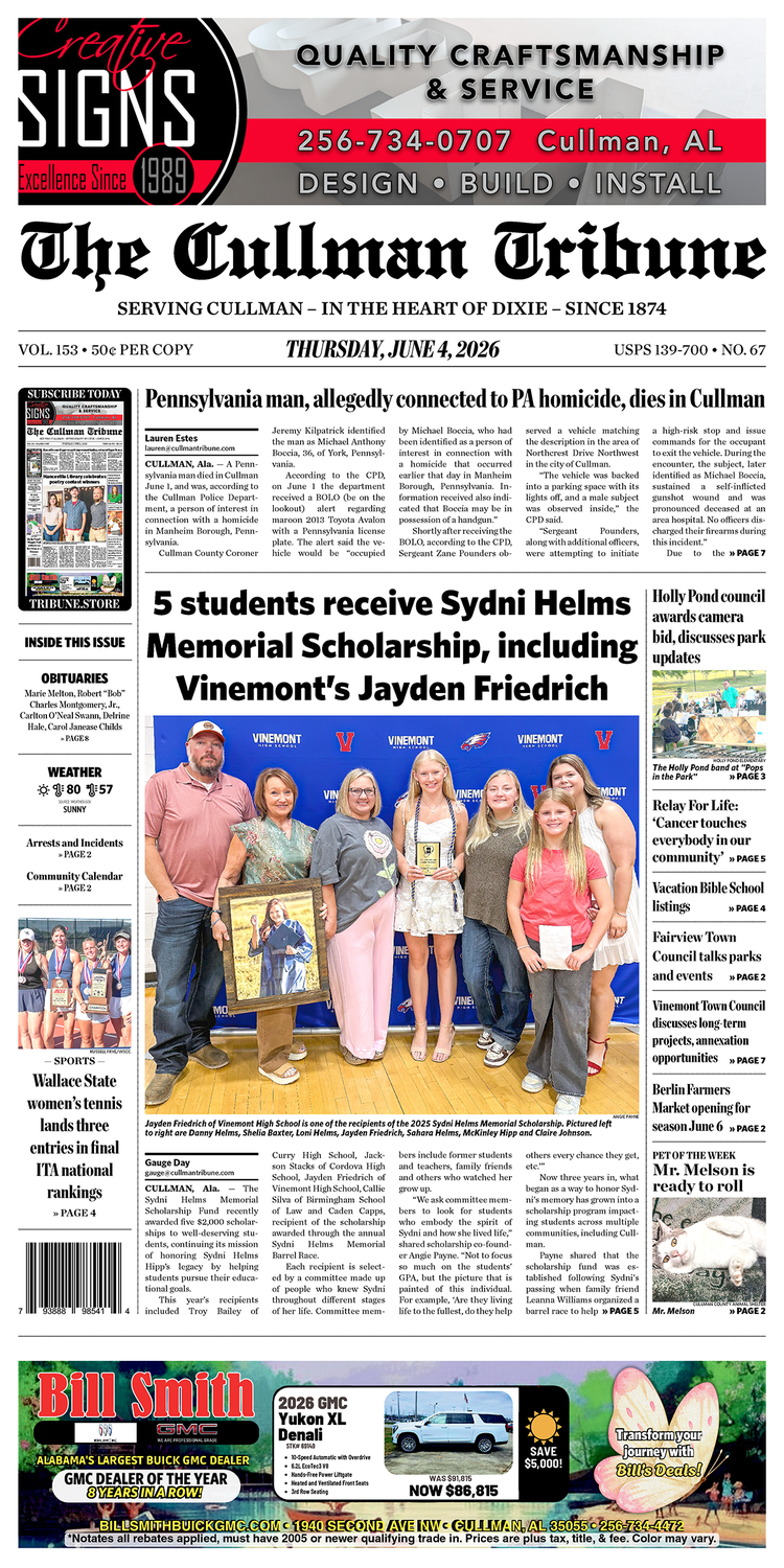 Good Morning Cullman! The 06-04-2026 edition of the Cullman Tribune is now ready to view.