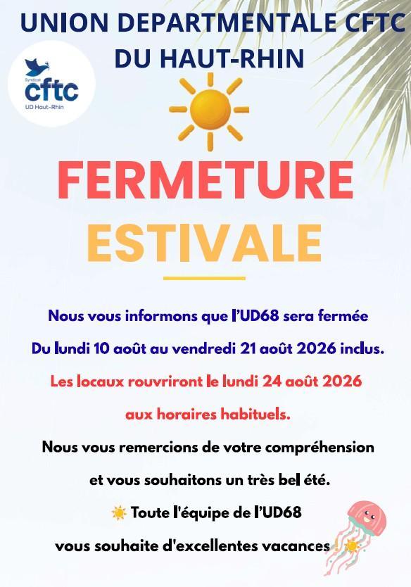 UD68 - FERMETURE ESTIVALE DU 10 AOUT AU 21 AOUT 2026