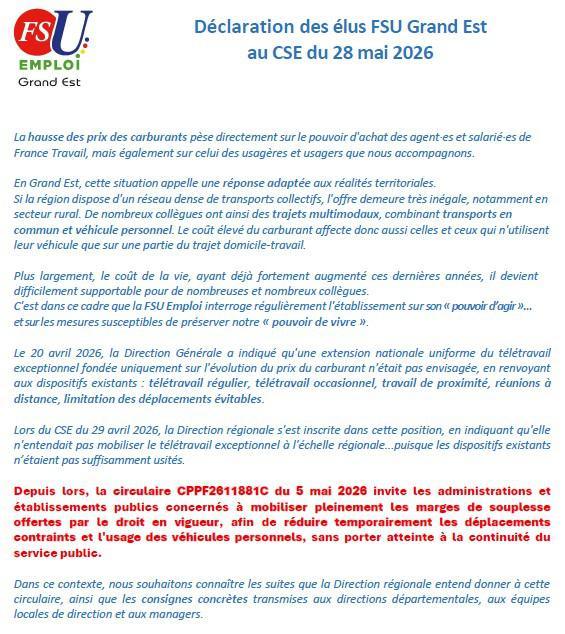 Déclaration au CSE de MAI 