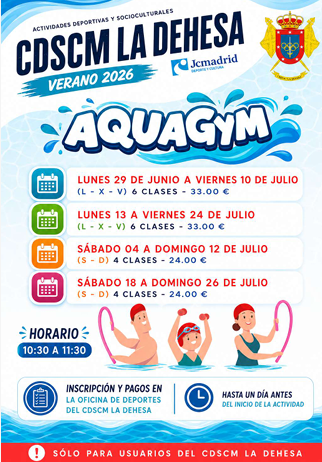 CURSILLOS INTENSIVOS VERANO 2026 CDSCM LA DEHESA.  MASTERCLASS SPINNING, AQUAGYM Y ZUMBA 20/06/2026