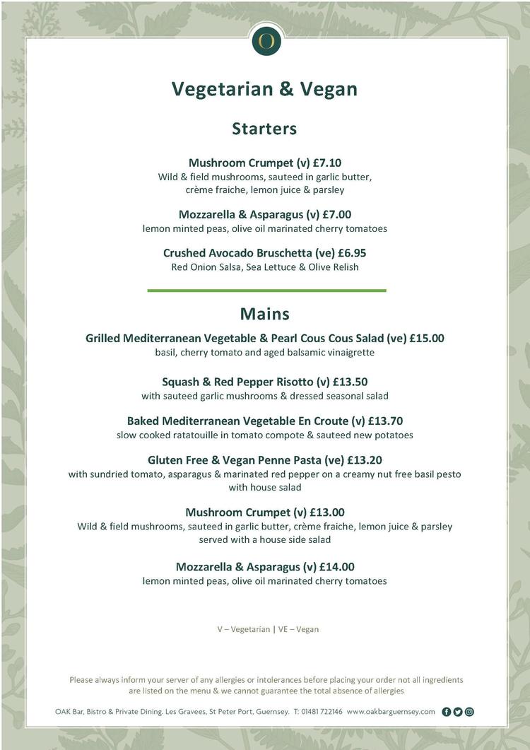 Oak Bar & Bistro - Vegetarian Menu