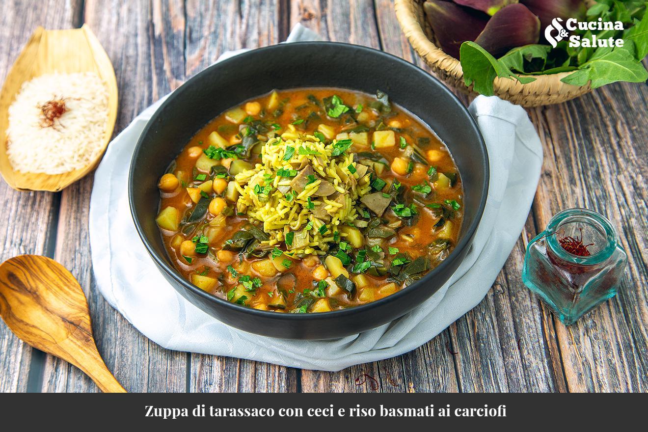Zuppa di tarassaco con ceci e riso basmati ai carciofi....