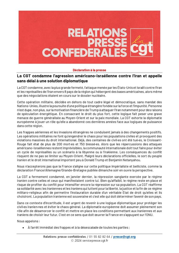 La CGT condamne l'agression américano-israélienne sur l'Iran !