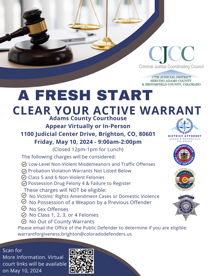 Adams and Broomfield Criminal Justice Leaders to Host Warrant Clearance Event on May 10th