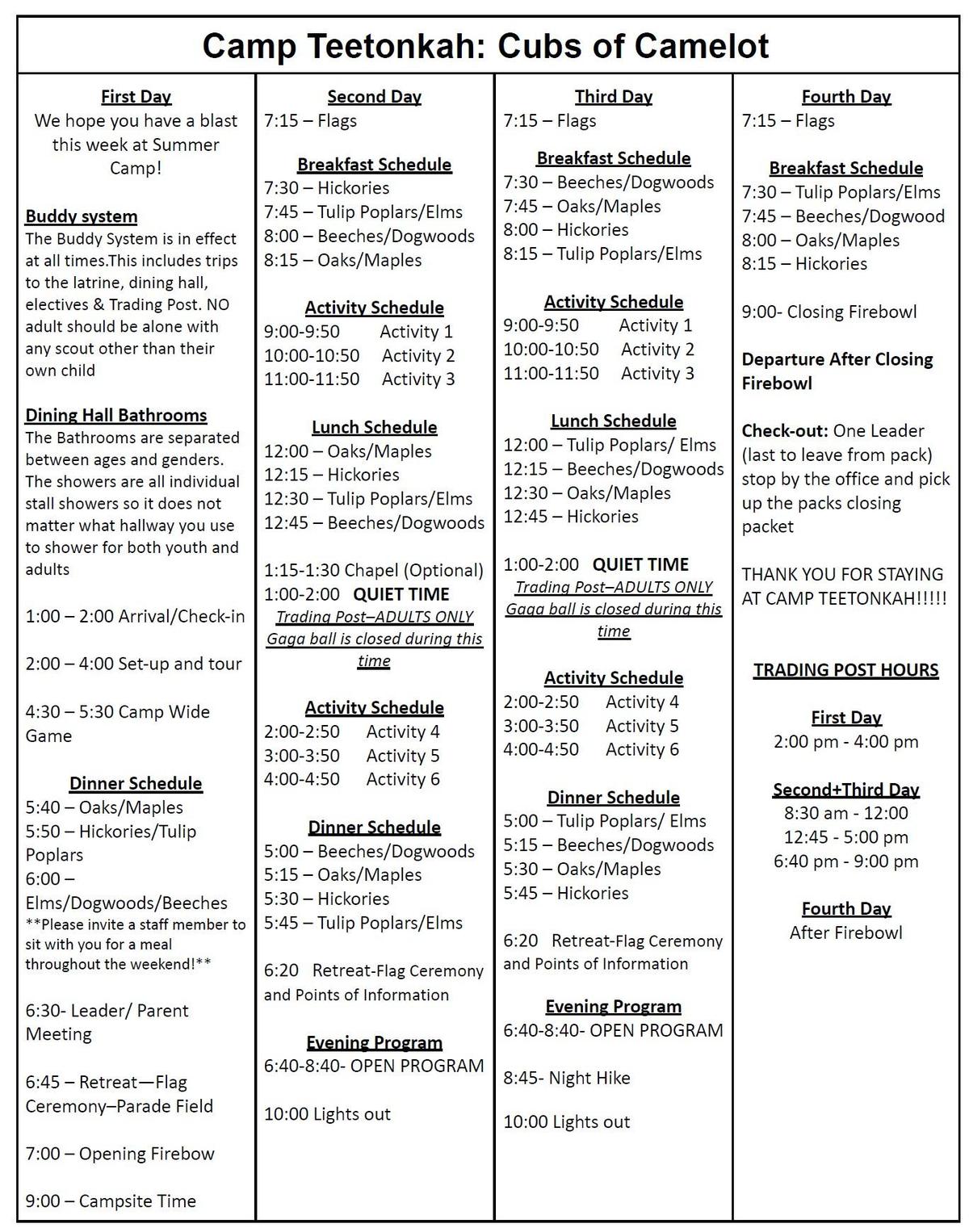 Cub Camp Schedule