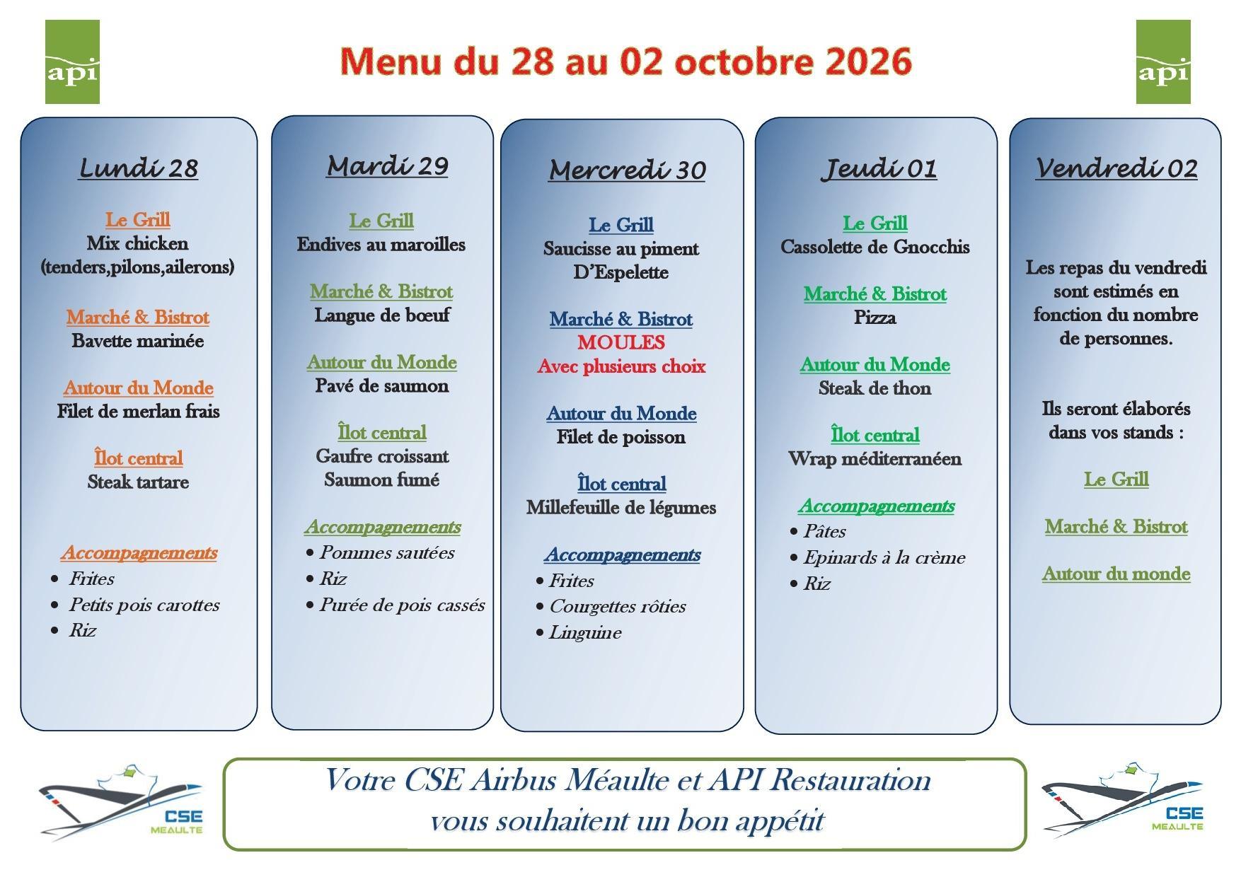 Menu du 28 septembre au 02 octobre 2026