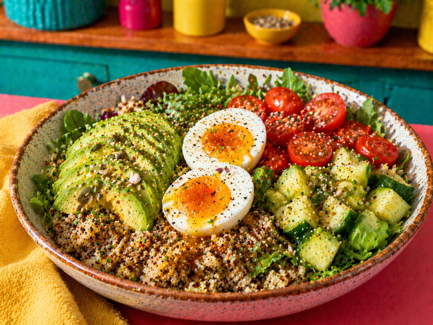 Salade repas : quinoa, avocat, oeuf mollet & vinaigrette citron