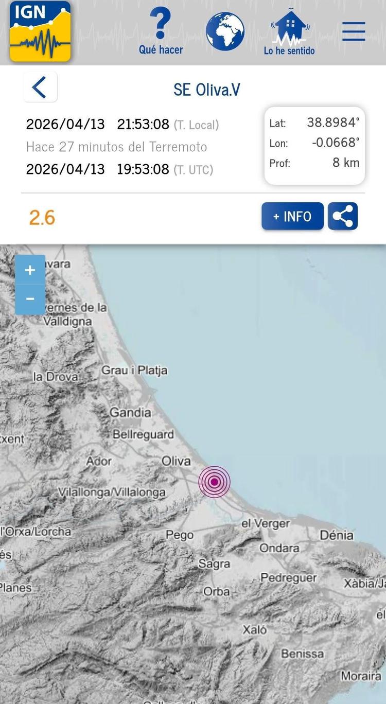 Última hora | Un terremoto de magnitud 2,6 con epicentro en Oliva se deja sentir en la Safor y la Marina Alta