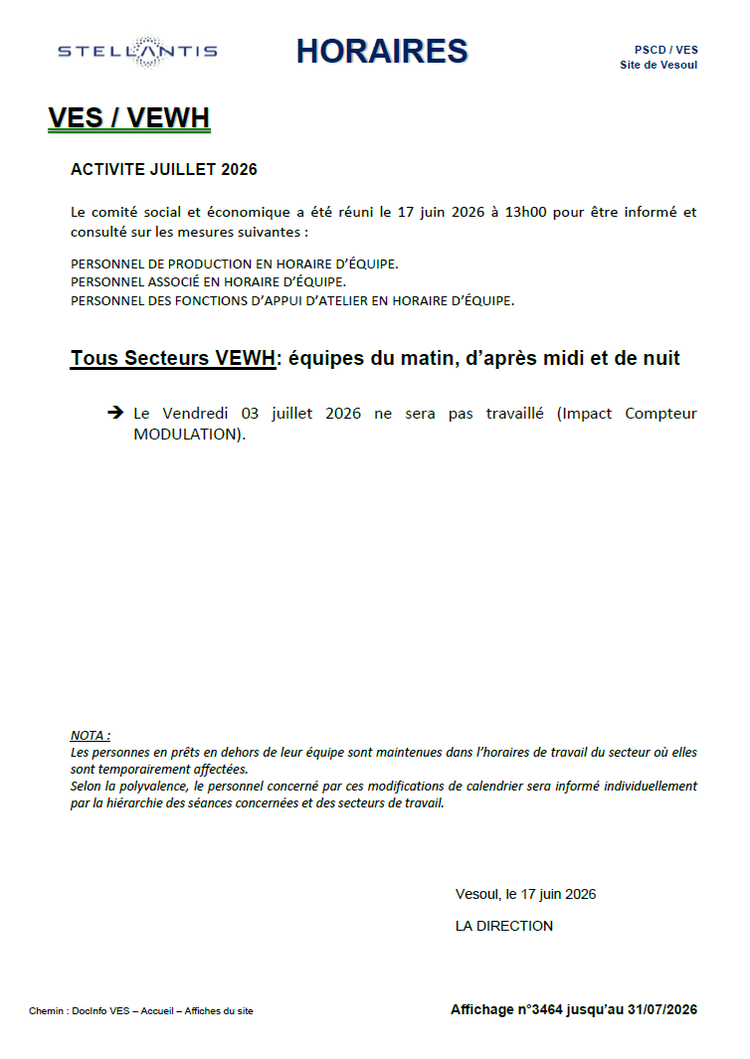 Horaires affichées H- le vendredi 3 juillet