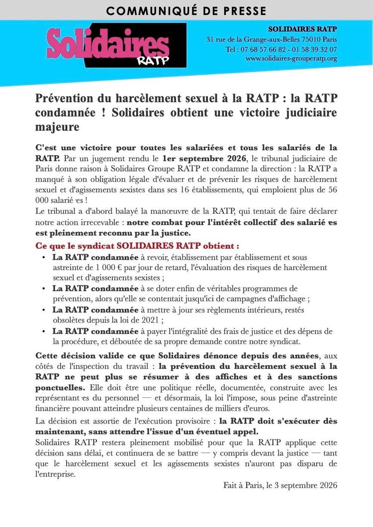 Solidaires RATP // La RATP condamnée, victoire pour Solidaires !