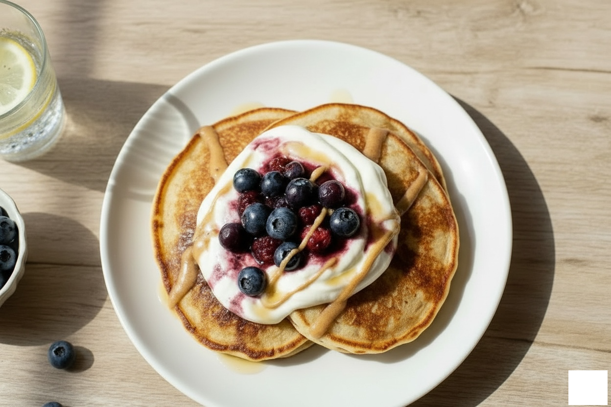 High Protein Berry Pancake Stack