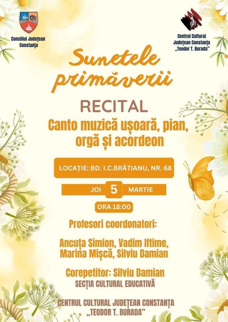 Sunetele primăverii: Recital canto muzică ușoară, pian, orgă și acordeon 