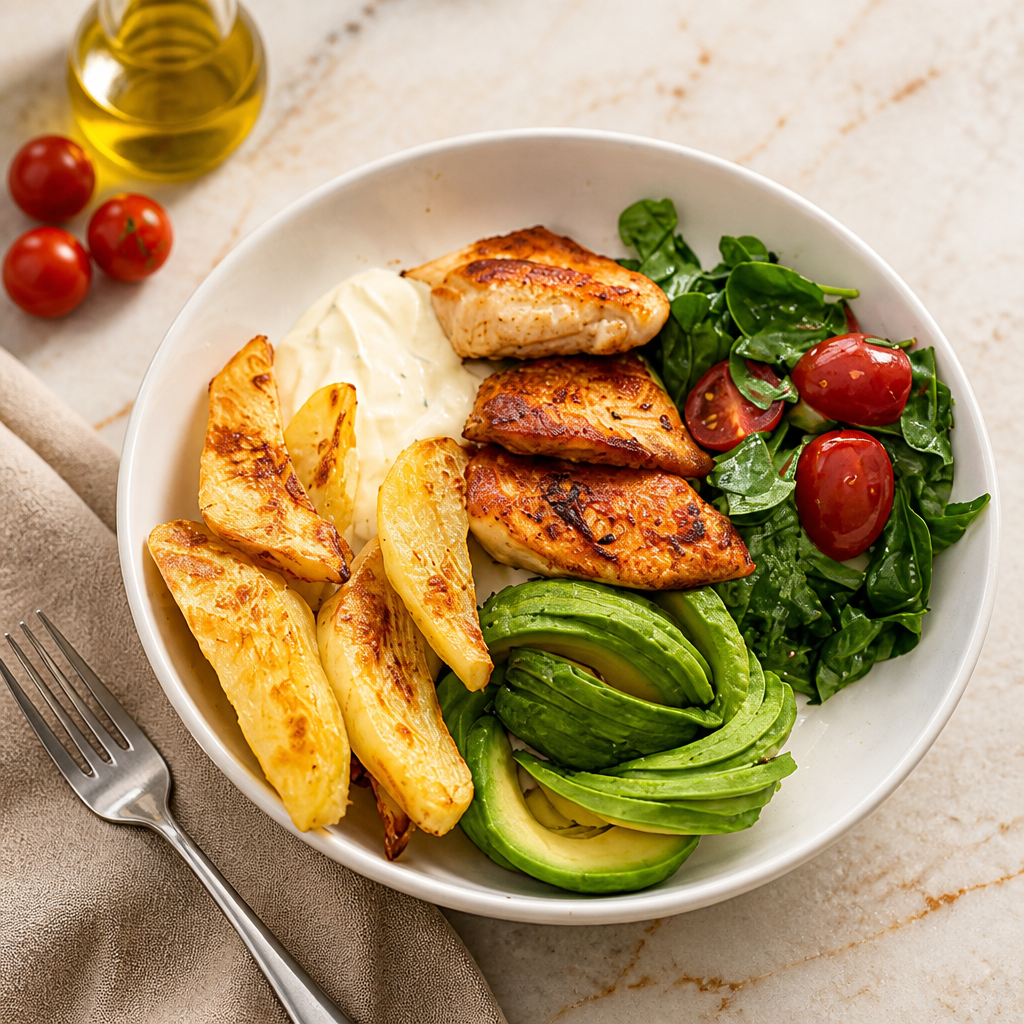Grilled Chicken & Crispy Wedge Bowl with Homemade Tzatziki