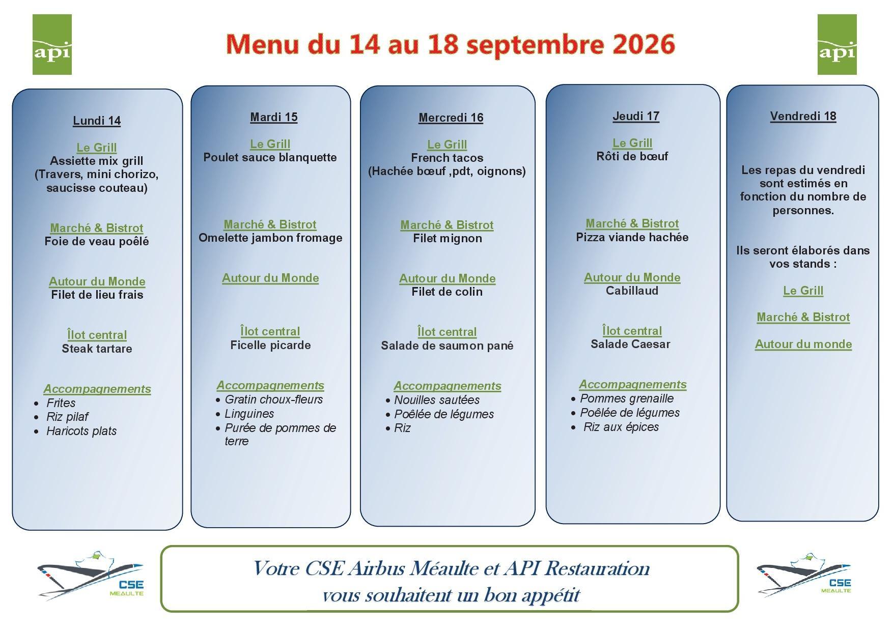Menu du 14 au 18 septembre 2026