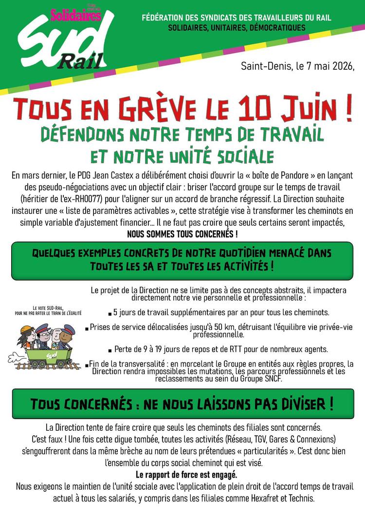 SUD-Rail // En grève le 10 juin pour défendre notre temps de travail et notre unité sociale !