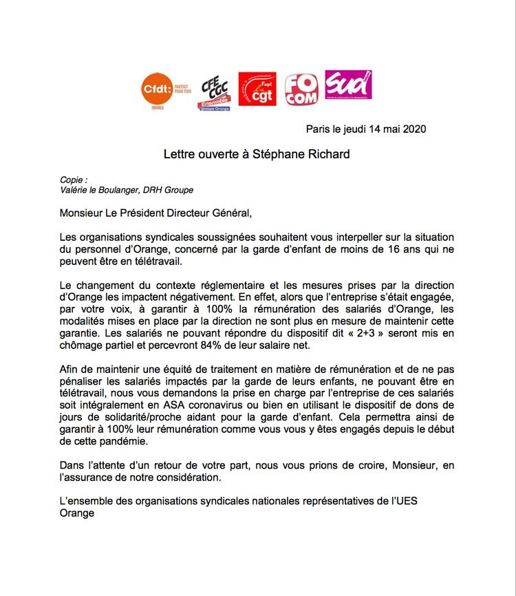 Lettre ouverte à Stéphane Richard inter OS du 14 mai 2020