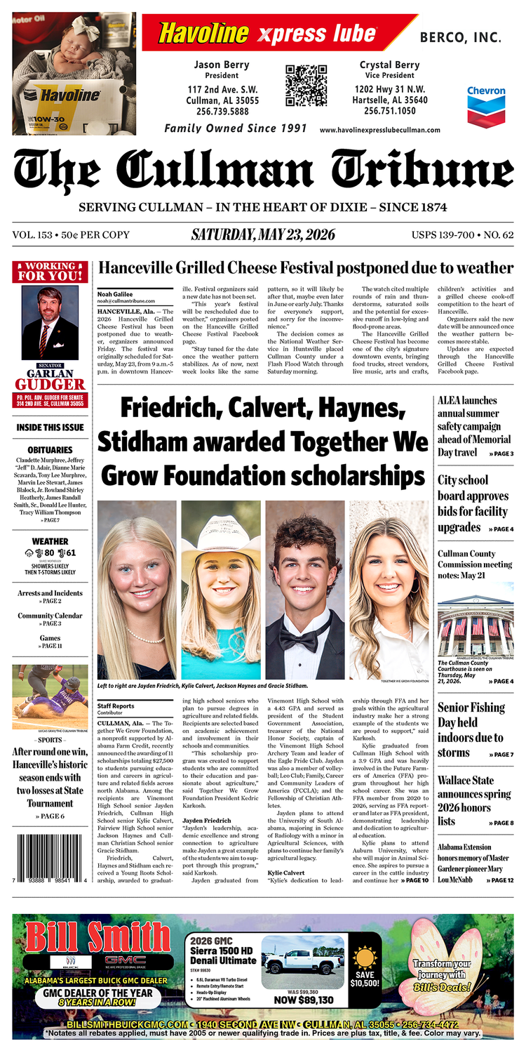 Good Morning Cullman! The 05-23-2026 edition of the Cullman Tribune is now ready to view.
