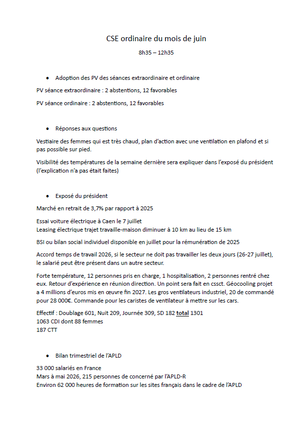 Compte rendu du CSE ordinaire du mois de juin