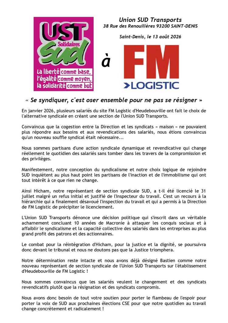 UST SUD à FM Logistic // Solidarité contre la répression antisyndicale !