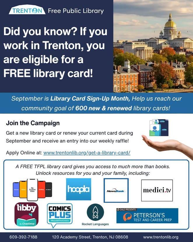 Do you work in the City of Trenton? Your library card is FREE!