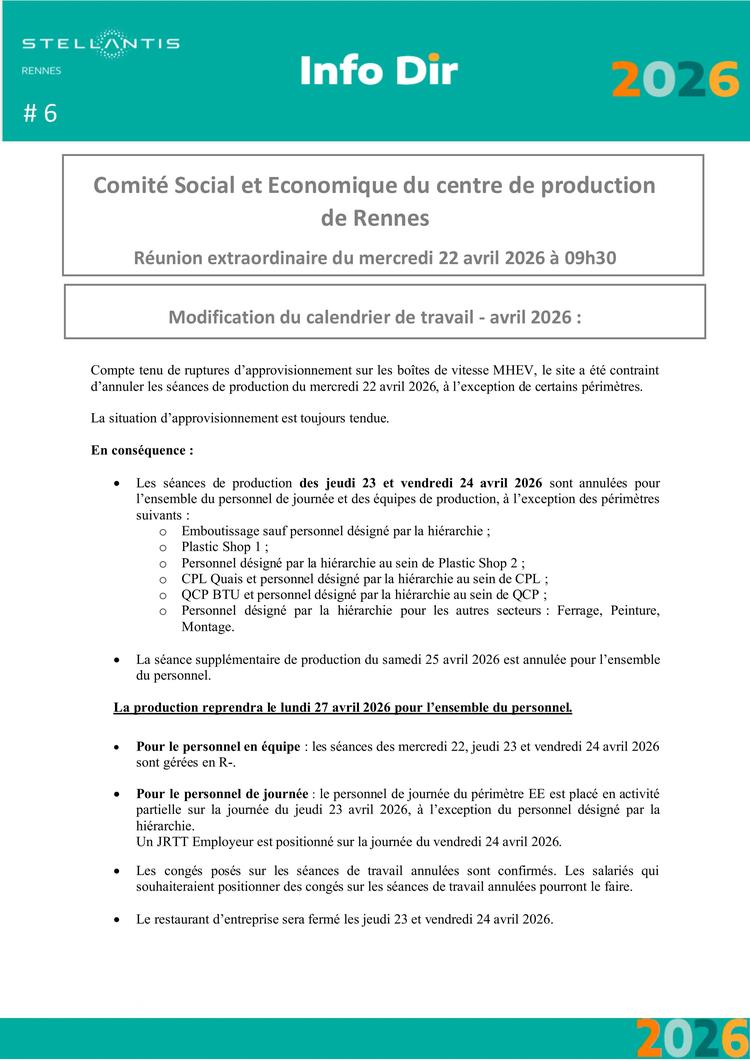 RENNES :Réunion extraordinaire du mercredi 22 avril 2026 à 09h30  