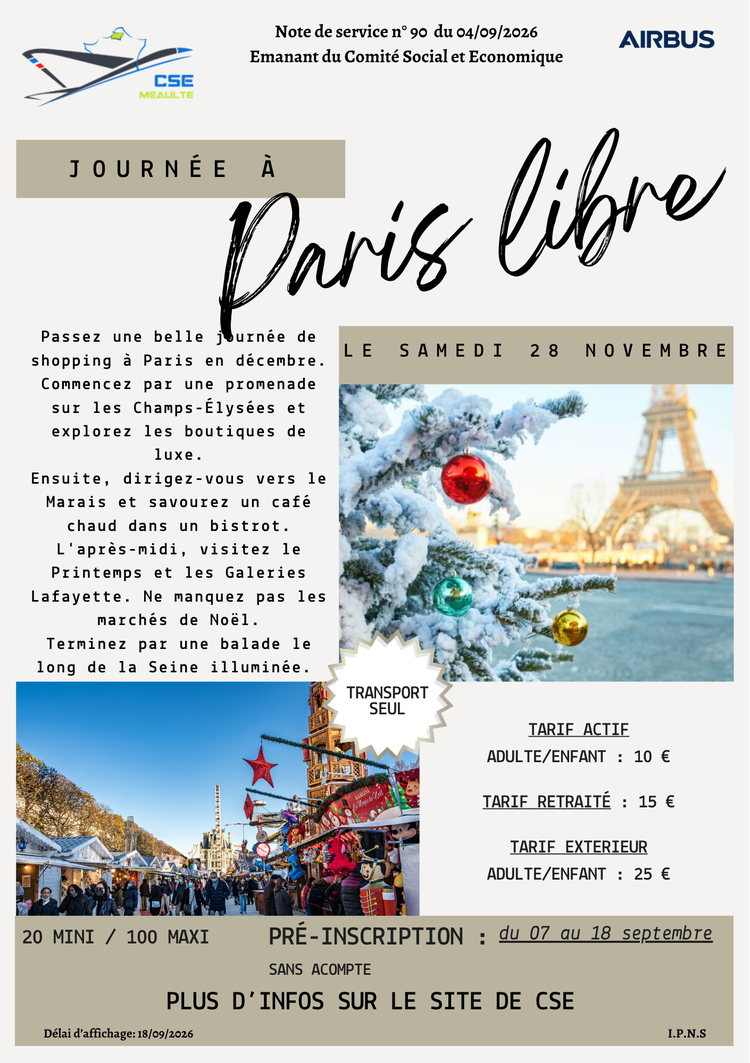 Sortie libre à Paris le 28 novembre