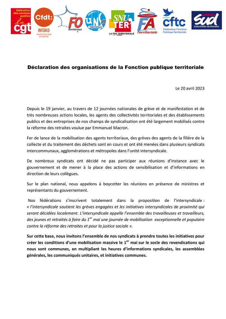 Déclaration des organisations de la Fonction publique territoriale 20.04.23