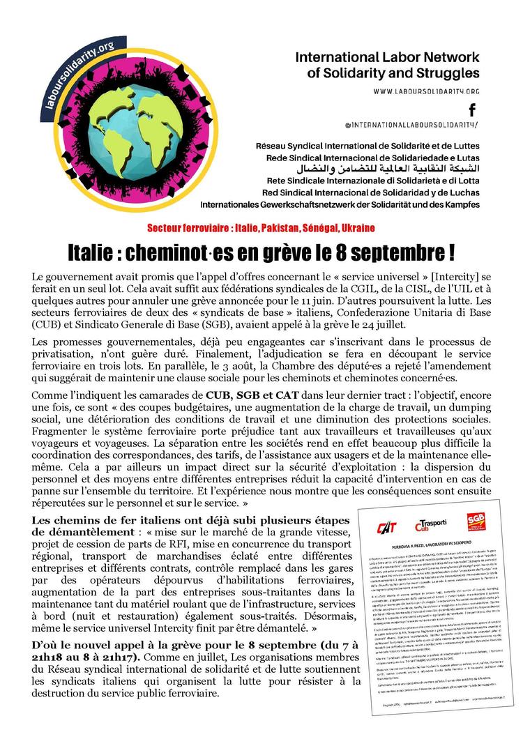RSISL // les cheminots italiens en grève le 8 septembre !
