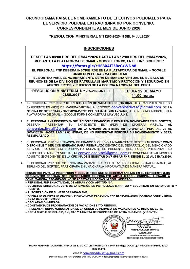 PNP abre inscripciones para servicio policial extraordinario por convenio - JUN2026