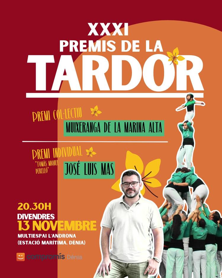 Els Premis Tardor a Dénia reconeixeran la tasca de José L. Mas després la DANA i la trajectòria de la Muixeranga de la Marina Alta