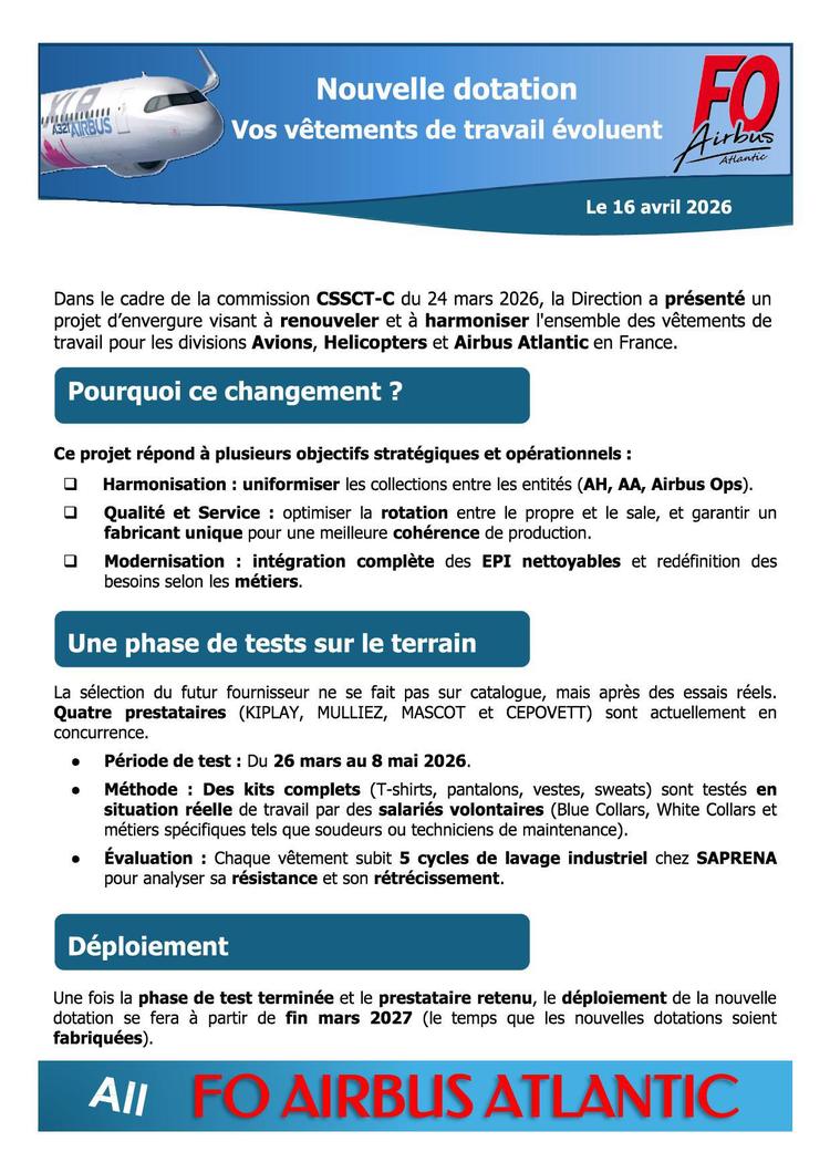 Nouvelle Dotation de vêtements de travail