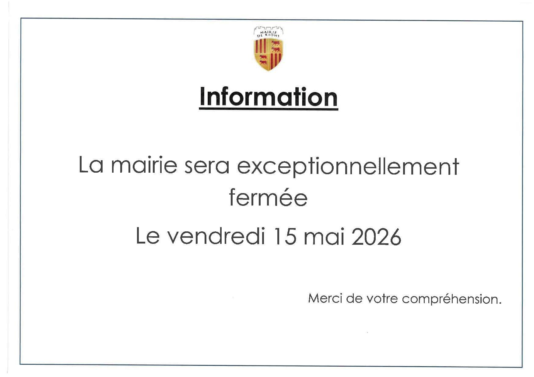 Fermeture exceptionnelle de la Mairie