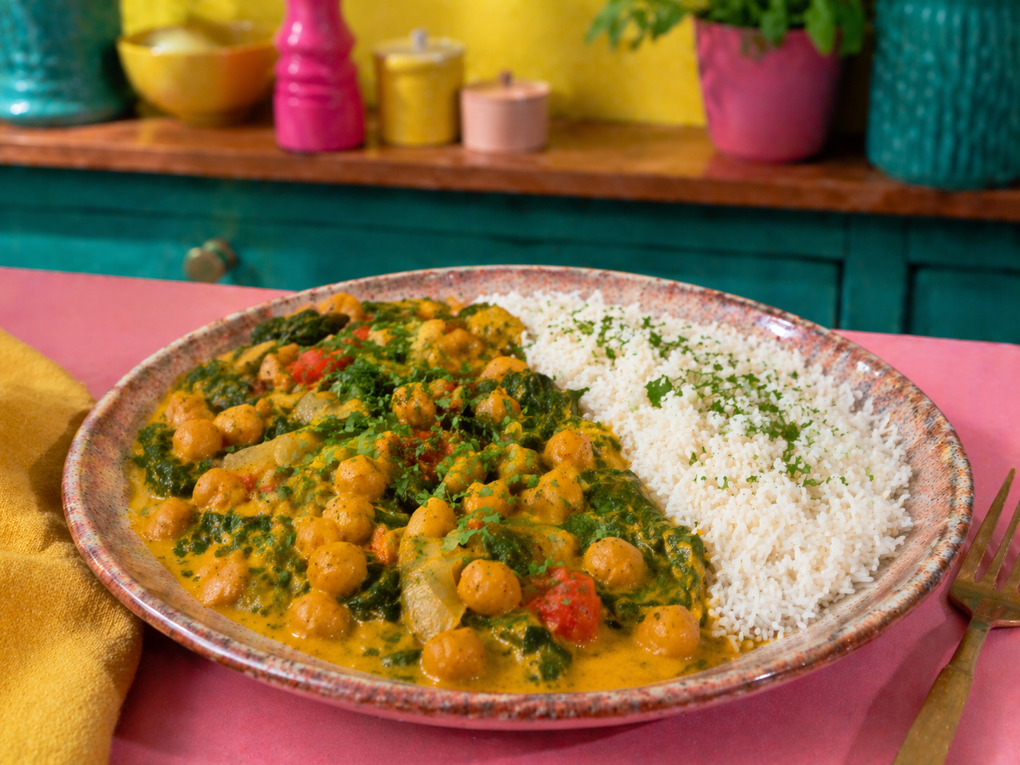 Curry de pois chiches, epinards & riz basmati