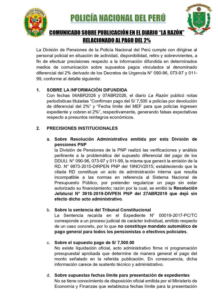 PNP se pronuncia sobre el “pago del 2%”