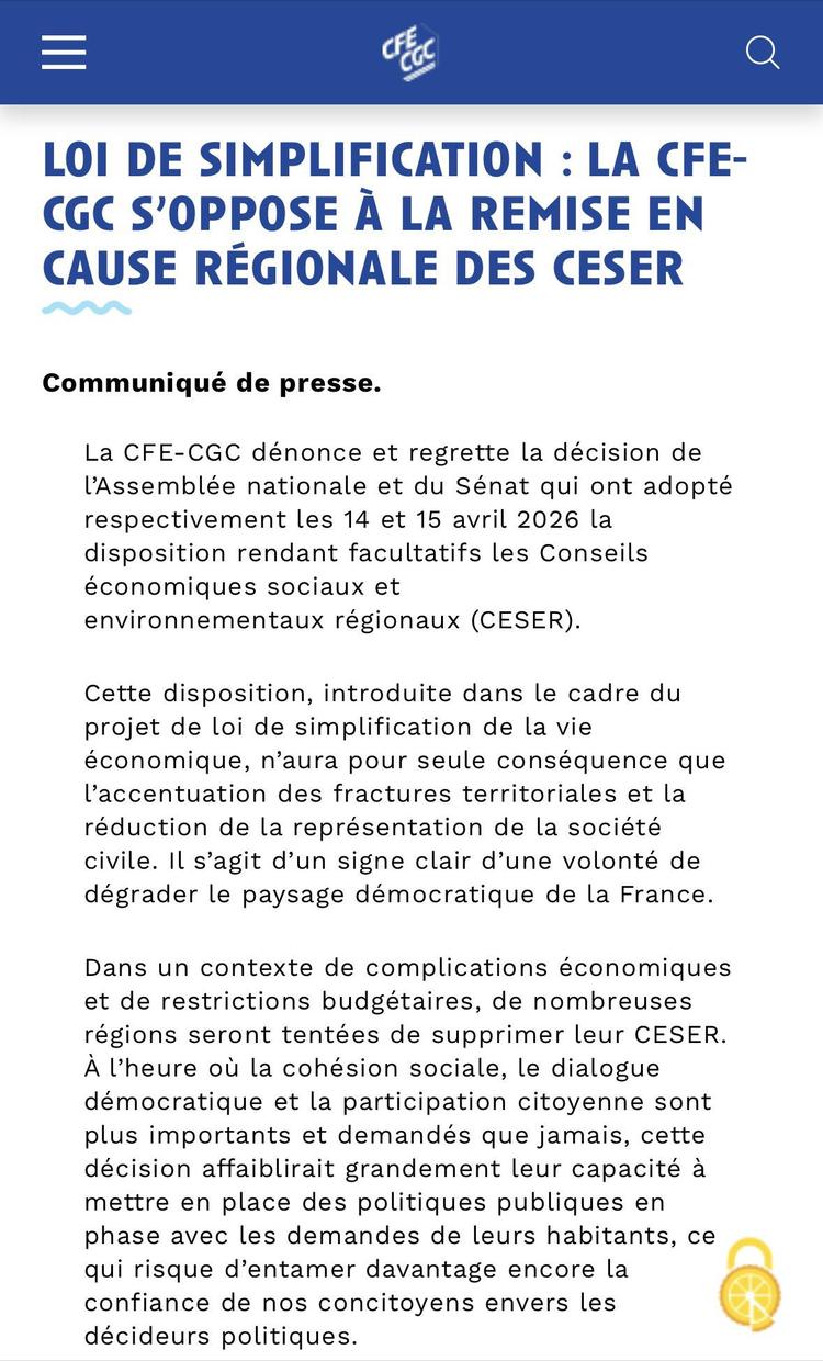 loi de simplification : la cfe-cgc s’oppose à la remise en cause régionale des ceser