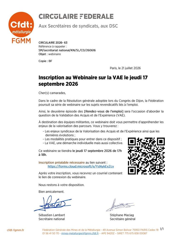 Inscription au Webinaire sur la VAE le jeudi 17 septembre 2026