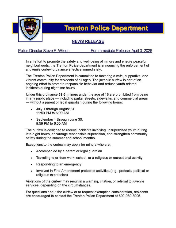 Curfew for youth under the age of 18 (Trenton Ordinance 58-3, notice from the Trenton Police Department).