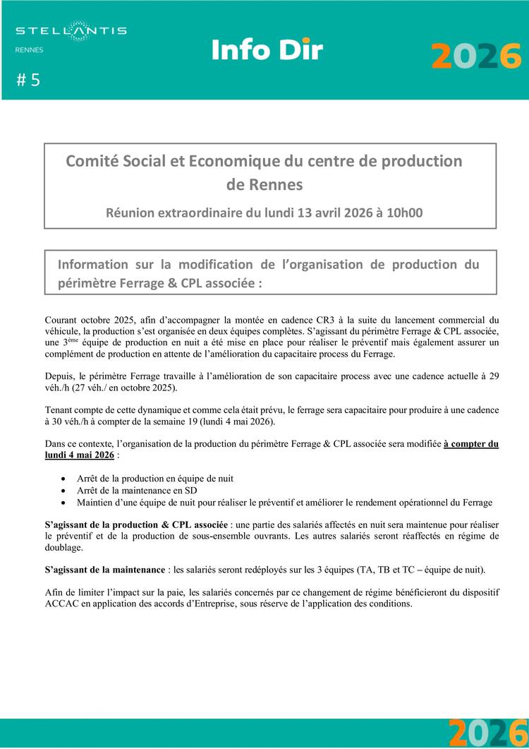 Comité Social et Economique du centre de production de Rennes  Réunion extraordinaire du lundi 13 avril 2026 à 10h00