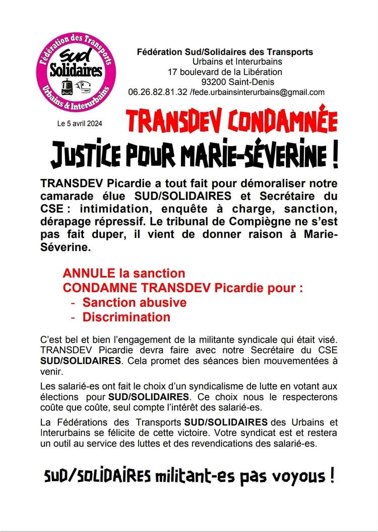 SUD Urbains/Interurbains : Transdev condamnée : Justice pour Marie-Séverine !