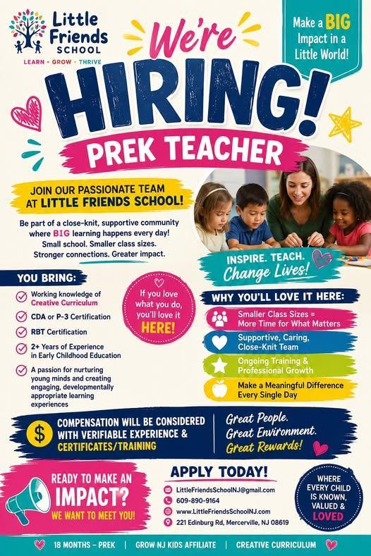 Little Friends School is growing, and we're looking for an exceptional Pre-K Teacher to join our team this fall!