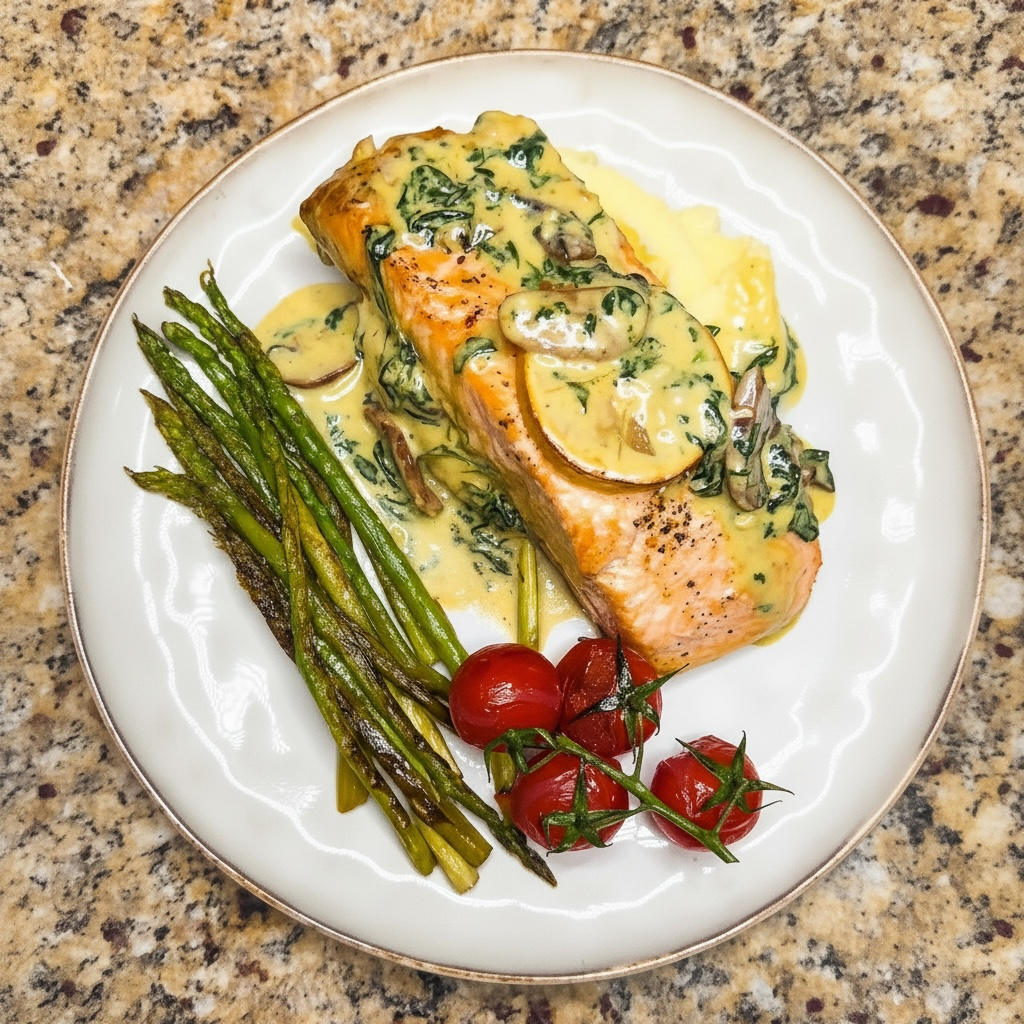Creamy Garlic Salmon with Mash & Asparagus 