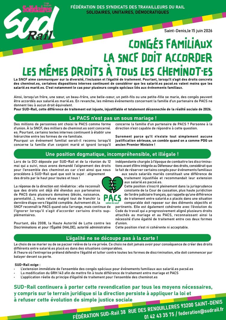 SUD-Rail // Congés familiaux : de même droits pour tous les cheminote-s !
