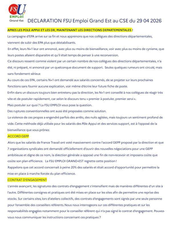 Déclaration FSU CSE 29/04/26