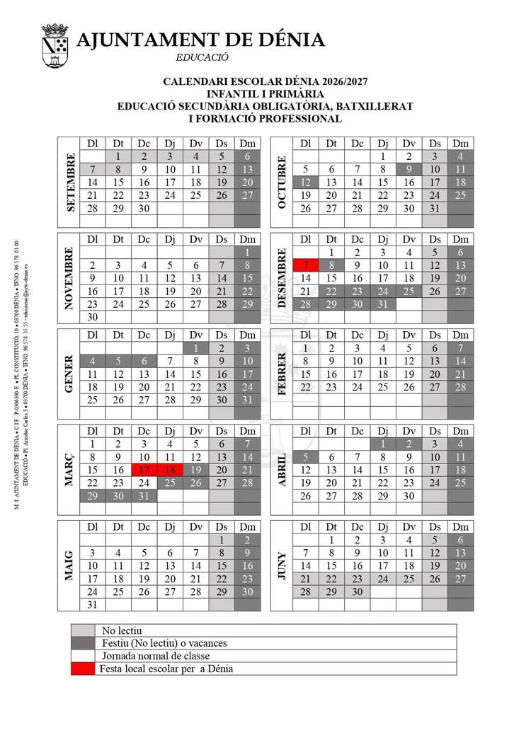 Calendari escolar de Dénia, la Xara i Jesús Pobre per al curs 2026/2027