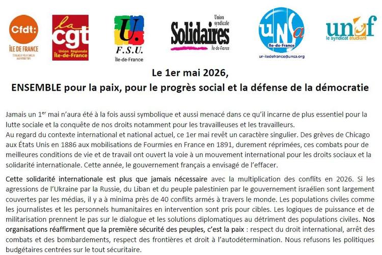Le 1er mai 2026, ENSEMBLE pour la paix, pour le progrès social et la défense de la démocratie