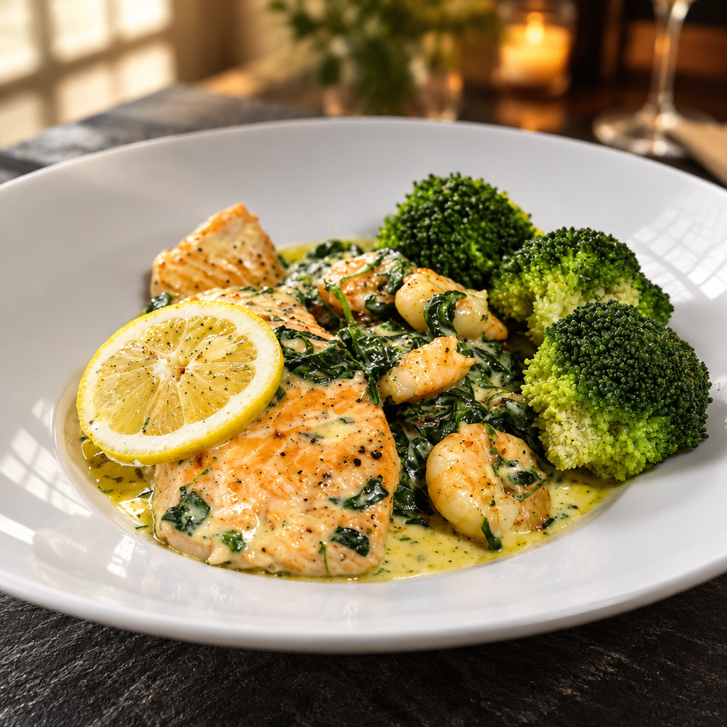 Creamy Lemon Garlic Salmon & Prawns with Spinach