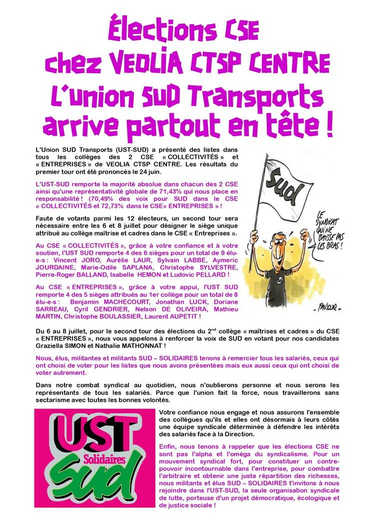L'UST SUD arrive partout en tête aux élections CSE de VEOLIA CTSP CENTRE !