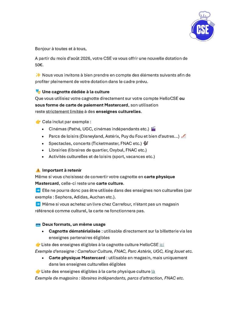 Explication Chèques Culture / HelloCSE