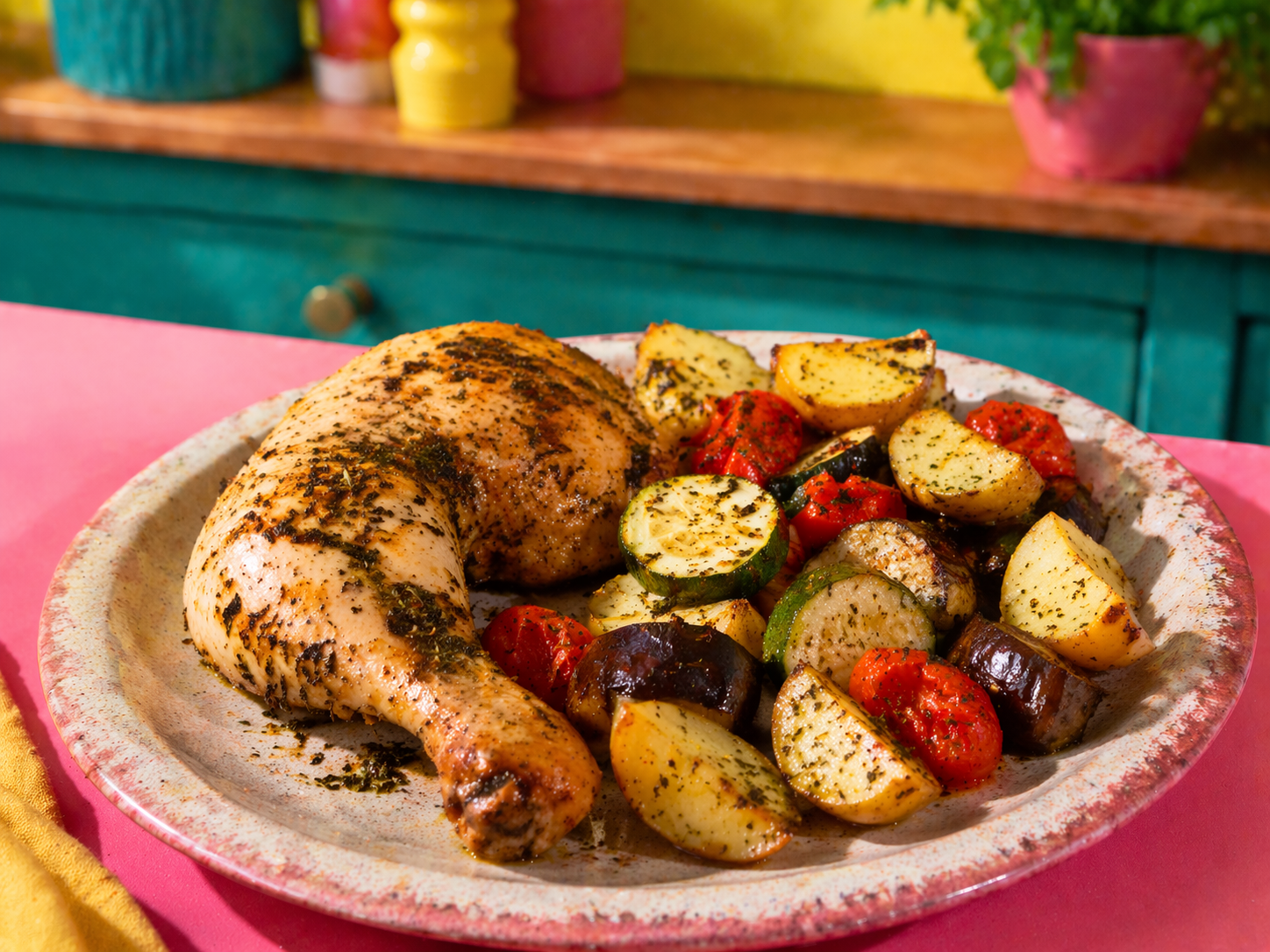 Poulet roti aux herbes, pommes de terre & legumes du soleil